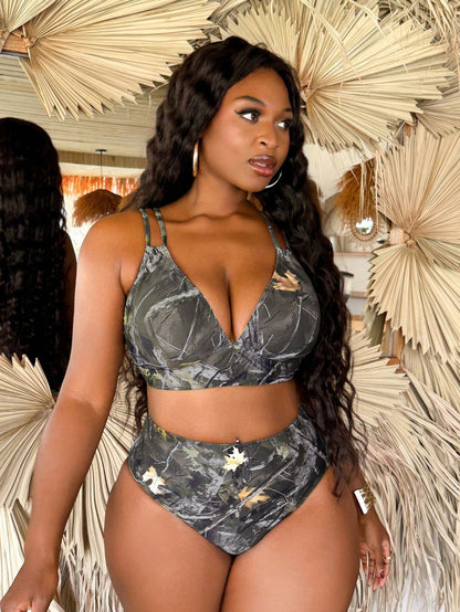 Slaydiva Plus Size Summer Vacation Tree Branch Print Bikini Set