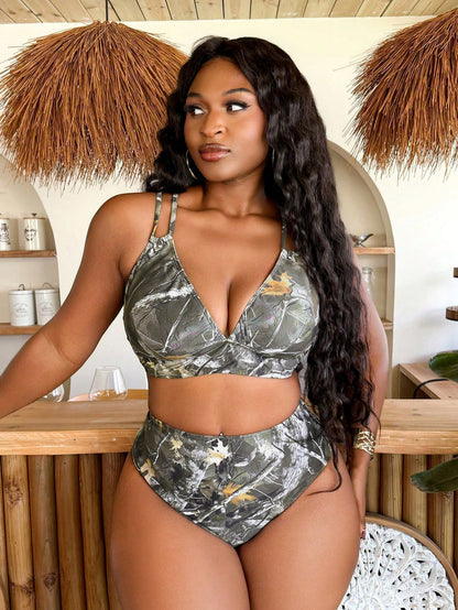 Slaydiva Plus Size Summer Vacation Tree Branch Print Bikini Set