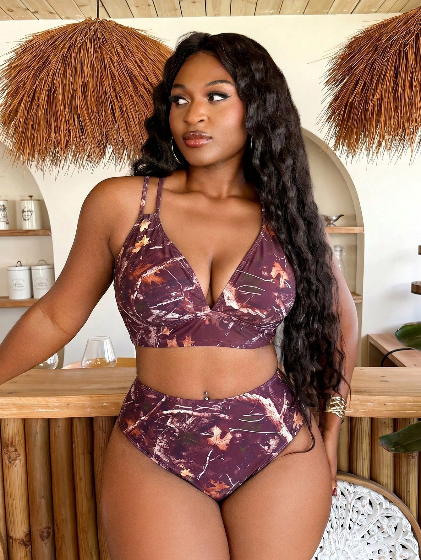 Slaydiva Plus Size Summer Vacation Tree Branch Print Bikini Set