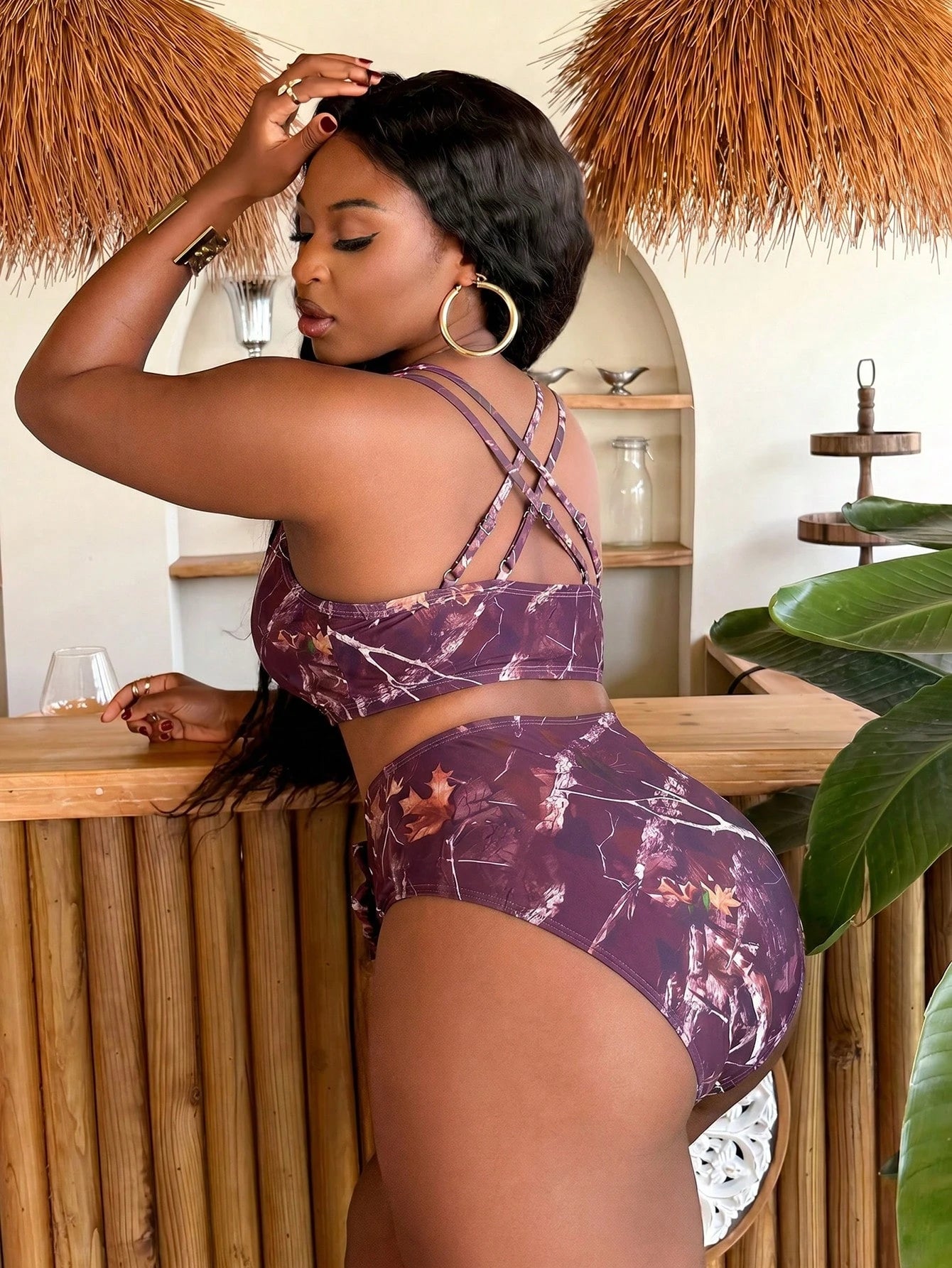 Slaydiva Plus Size Summer Vacation Tree Branch Print Bikini Set
