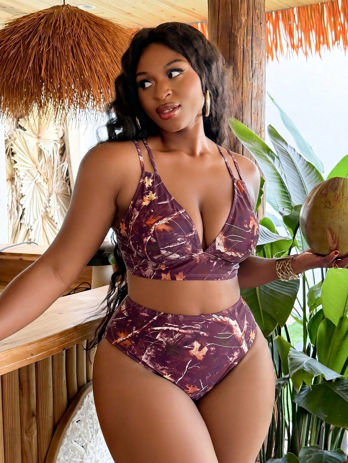 Slaydiva Plus Size Summer Vacation Tree Branch Print Bikini Set