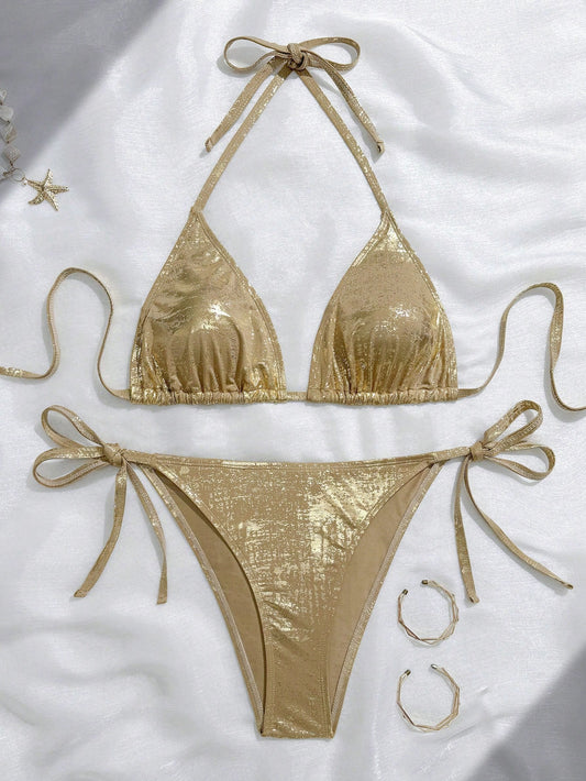 Slaydiva Plus Size Swimwear Set, Colorful Metallic Fabric Tie-Front Bikini Top Paired With Tie-Waist Bikini Bottom, Sexy Beach Vacation Swimwear
