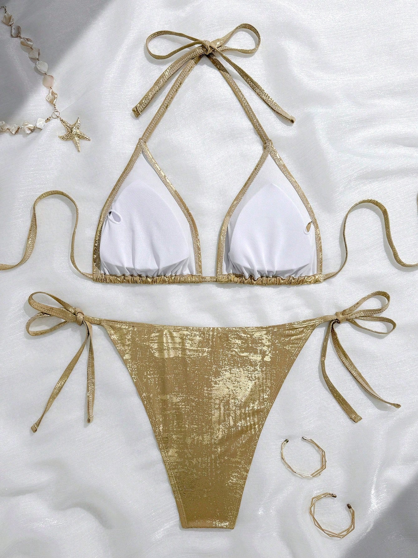 Slaydiva Plus Size Swimwear Set, Colorful Metallic Fabric Tie-Front Bikini Top Paired With Tie-Waist Bikini Bottom, Sexy Beach Vacation Swimwear