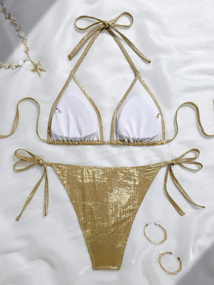 Slaydiva Plus Size Swimwear Set, Colorful Metallic Fabric Tie-Front Bikini Top Paired With Tie-Waist Bikini Bottom, Sexy Beach Vacation Swimwear