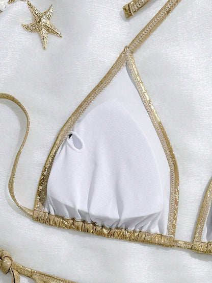 Slaydiva Plus Size Swimwear Set, Colorful Metallic Fabric Tie-Front Bikini Top Paired With Tie-Waist Bikini Bottom, Sexy Beach Vacation Swimwear