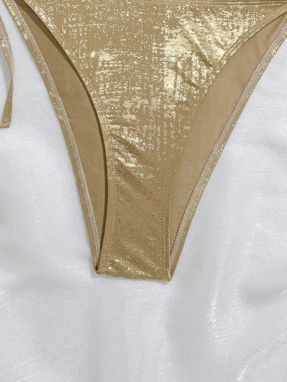 Slaydiva Plus Size Swimwear Set, Colorful Metallic Fabric Tie-Front Bikini Top Paired With Tie-Waist Bikini Bottom, Sexy Beach Vacation Swimwear