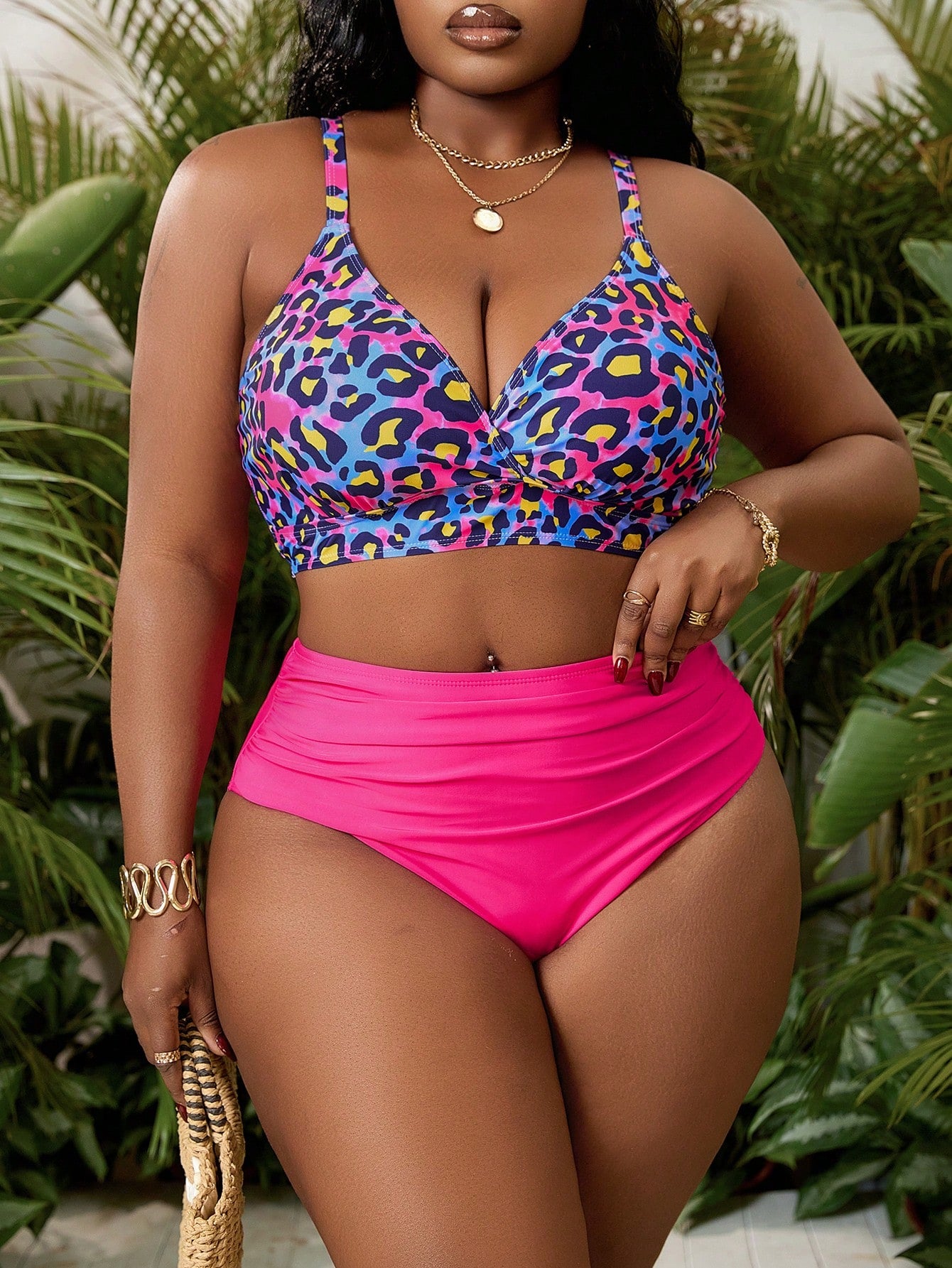 Slaydiva Plus Size Women 2 Pieces Bikini Colorful Leopard Print Top And Pink Bottom Swimwear, Suitable For Swimming Pool, Beach, Resort, For Summer Vacation