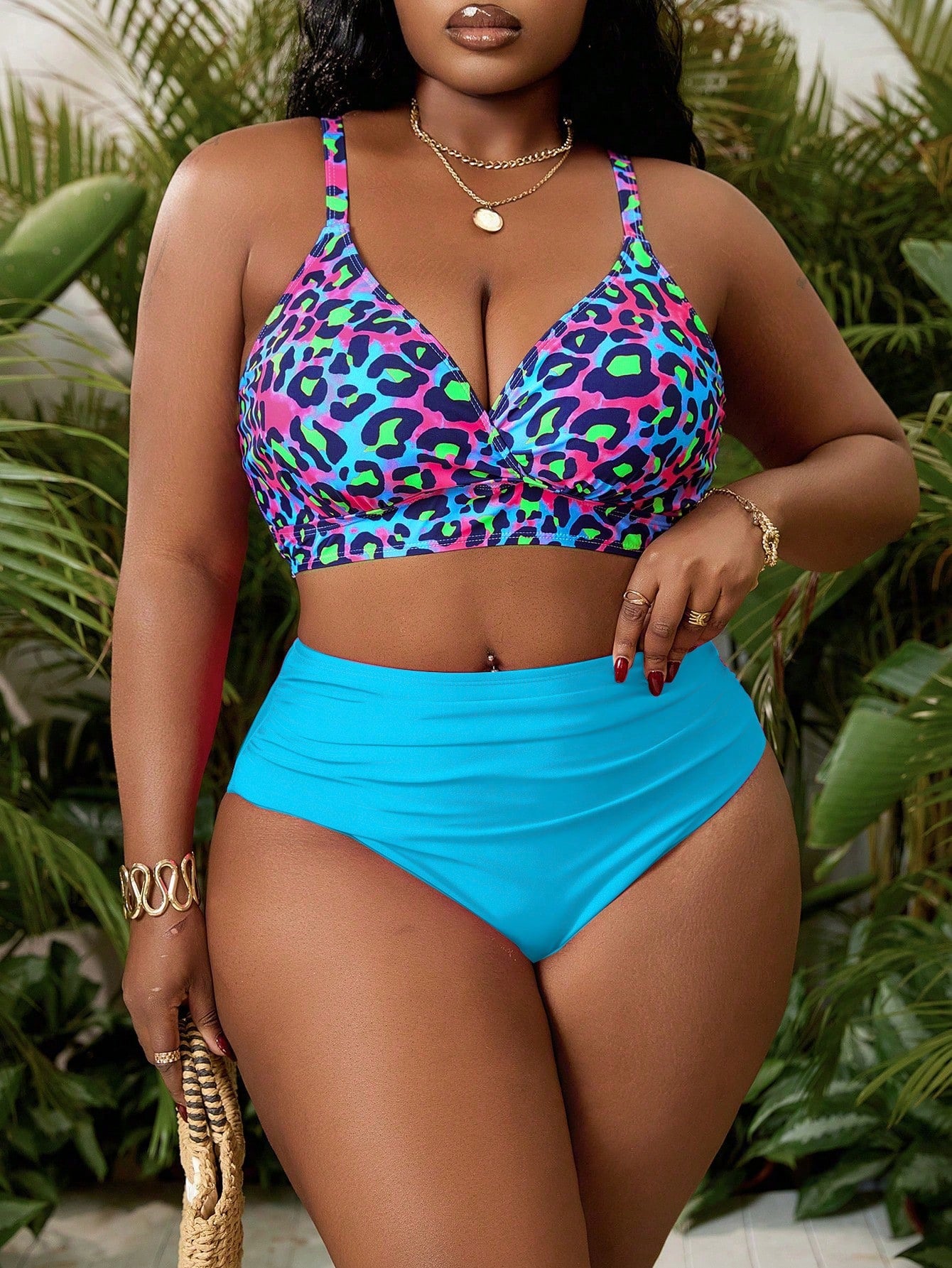 Slaydiva Plus Size Women 2 Pieces Bikini Colorful Leopard Print Top And Pink Bottom Swimwear, Suitable For Swimming Pool, Beach, Resort, For Summer Vacation
