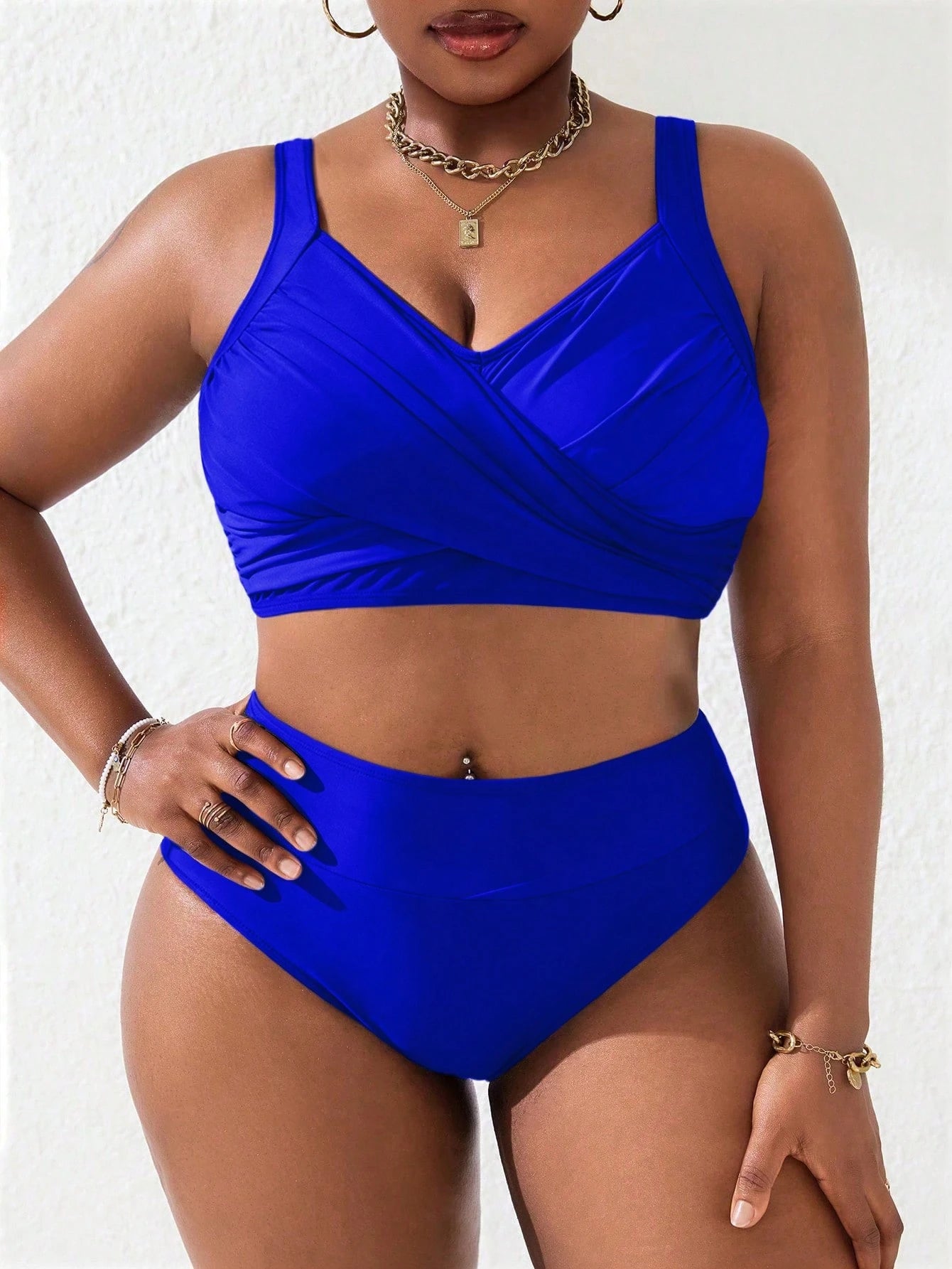Slaydiva Plus Size Women 2pcs Royal Blue Splice Ruched Tankini Swimwear Set, Summer Beach Vacation Holiday