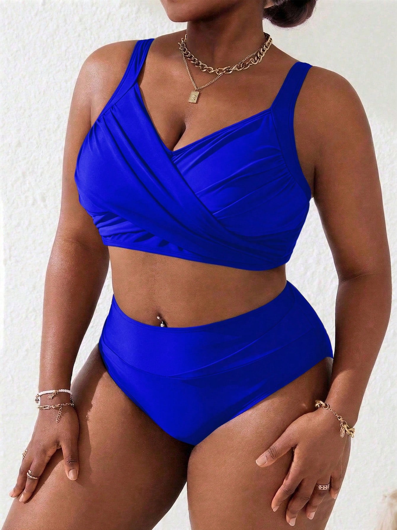 Slaydiva Plus Size Women 2pcs Royal Blue Splice Ruched Tankini Swimwear Set, Summer Beach Vacation Holiday