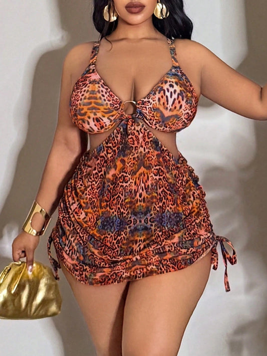 Slaydiva Plus Size Women 2pcs/Set Leopard Print Rust Orange Summer Beach Vacation Wedding Ninang Holiday Mesh Drawstring High Waist Triangle Bikini Swimsuit