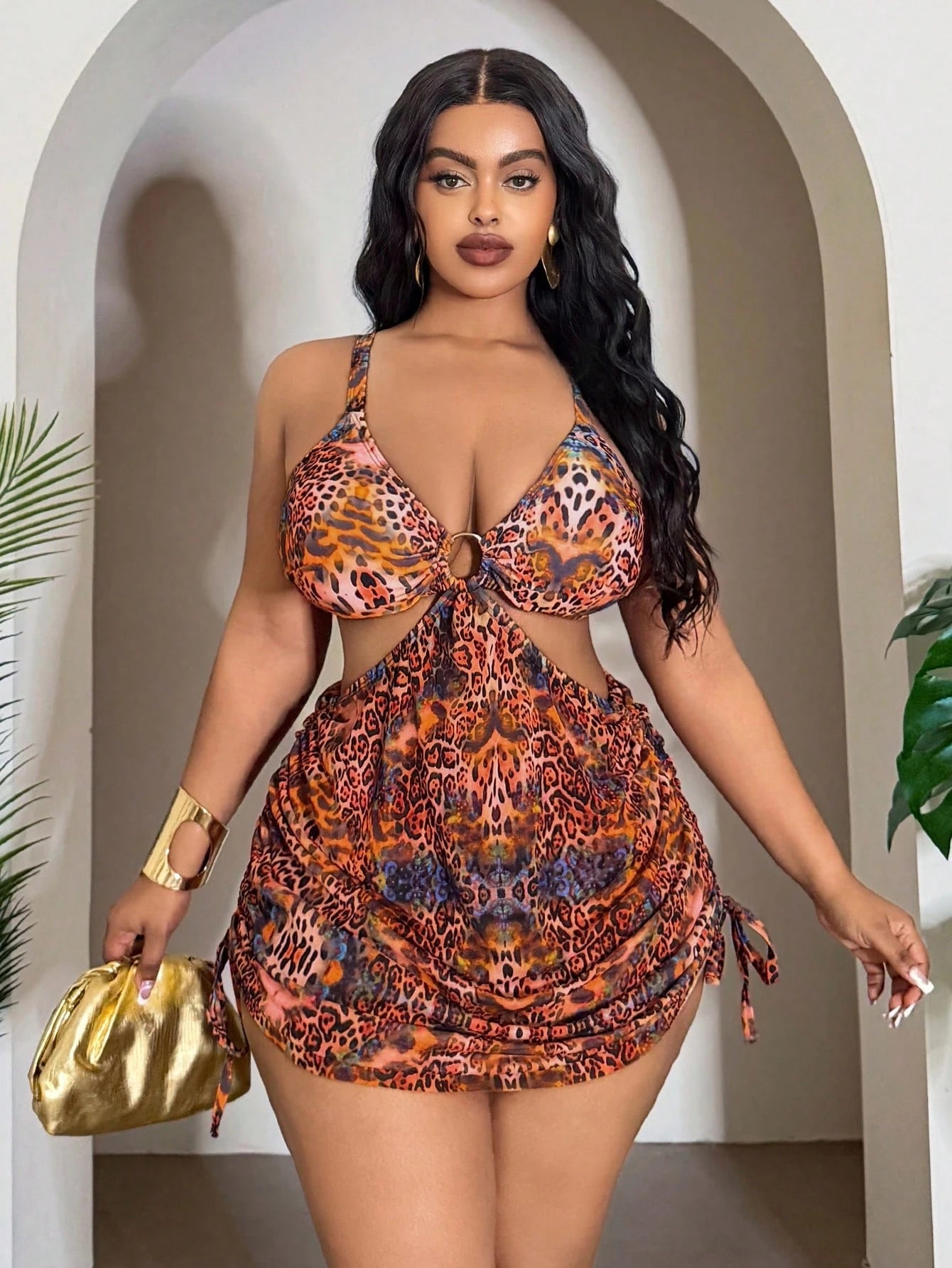 Slaydiva Plus Size Women 2pcs/Set Leopard Print Rust Orange Summer Beach Vacation Wedding Ninang Holiday Mesh Drawstring High Waist Triangle Bikini Swimsuit