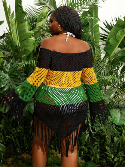 Slaydiva Plus Size Women Hollow Out Tassel Beach Vacation Dress