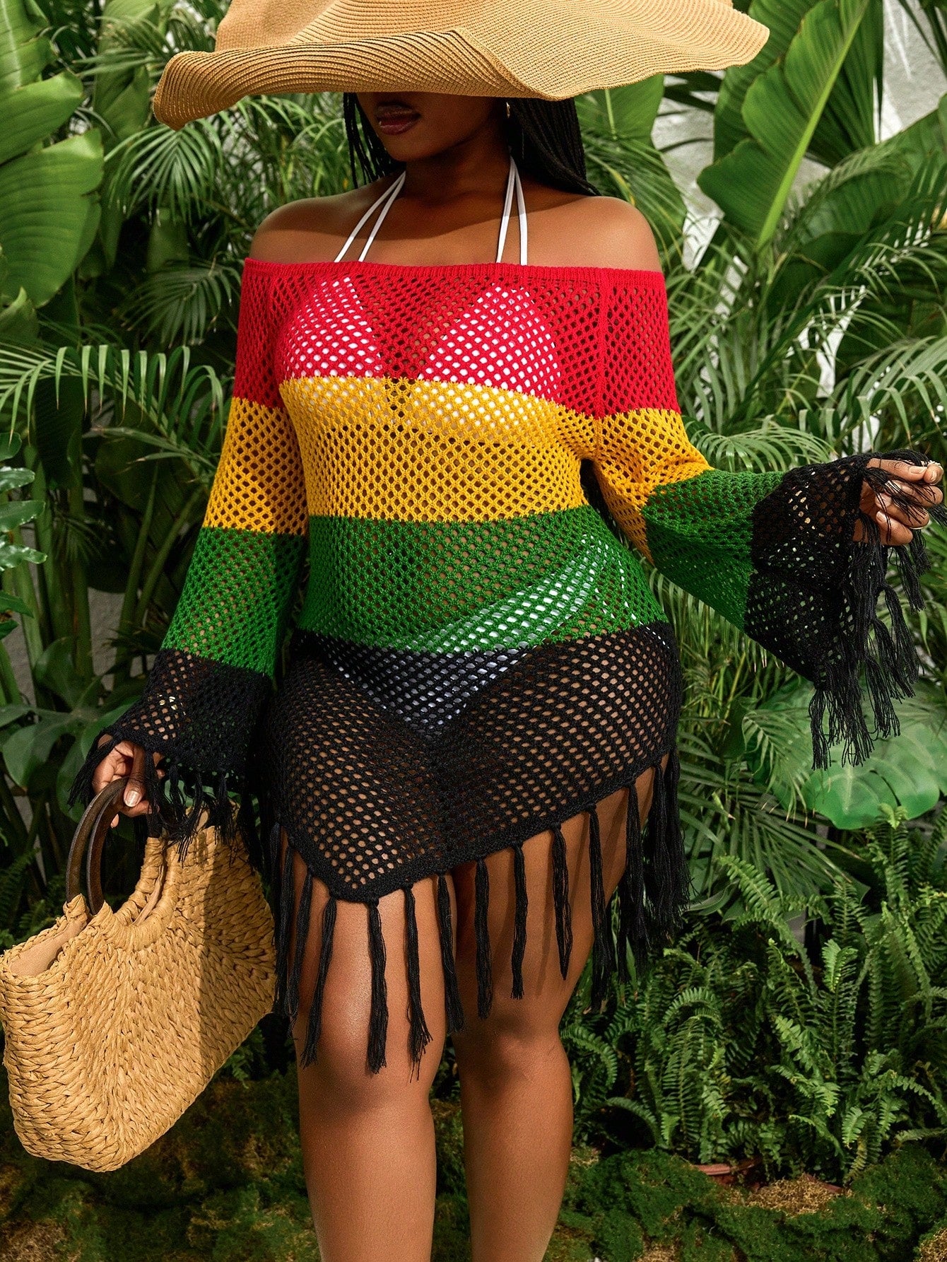 Slaydiva Plus Size Women Hollow Out Tassel Beach Vacation Dress