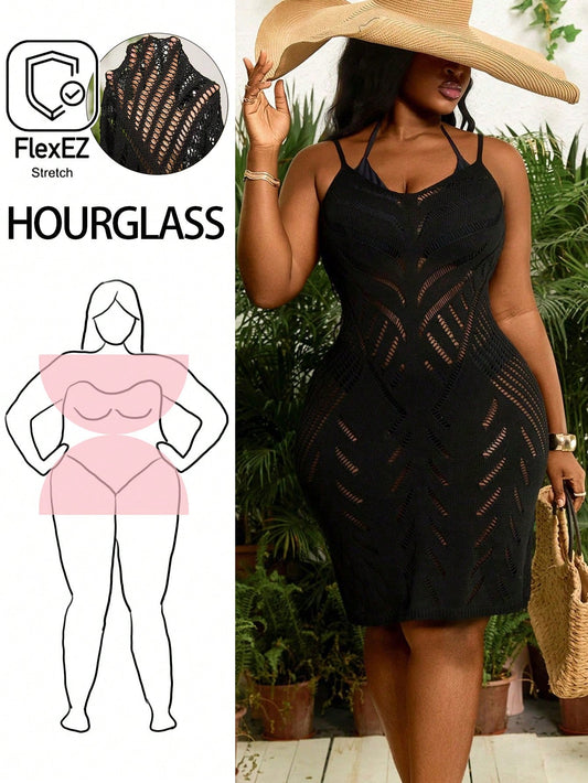 Slaydiva Plus Size Women's Black Backless Hollow-Out Vacation Elegant Beach Knit Dress For Summer