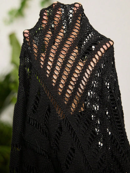 Slaydiva Plus Size Women's Black Backless Hollow-Out Vacation Elegant Beach Knit Dress For Summer