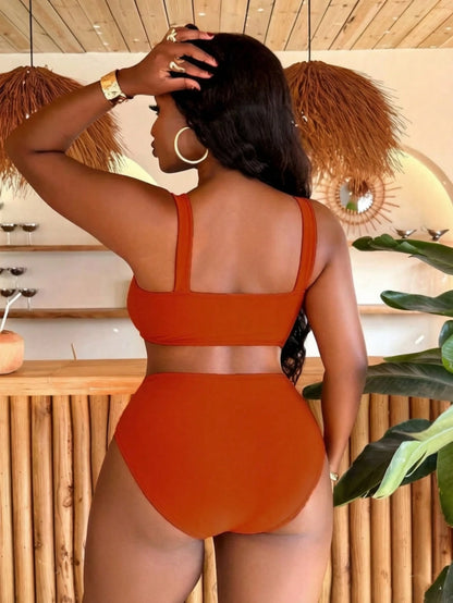 Slaydiva Plus Size Women's Colorblock Double Strap Top And Triangle Bikini Bottom Fashion Casual Swimsuit Set For Beach Vacation