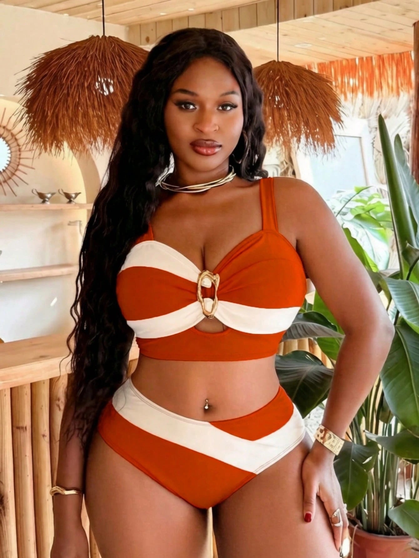 Slaydiva Plus Size Women's Colorblock Double Strap Top And Triangle Bikini Bottom Fashion Casual Swimsuit Set For Beach Vacation