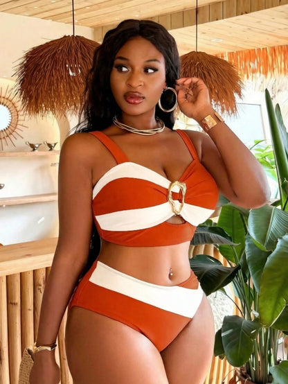 Slaydiva Plus Size Women's Colorblock Double Strap Top And Triangle Bikini Bottom Fashion Casual Swimsuit Set For Beach Vacation