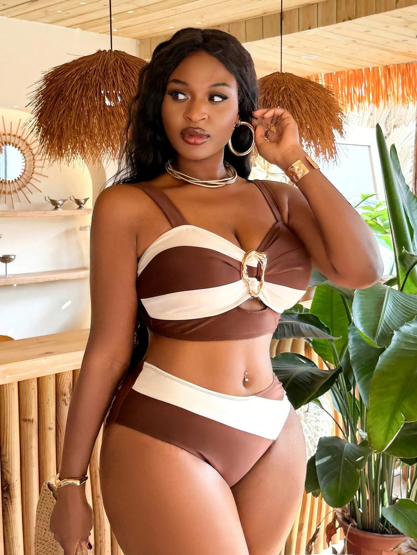 Slaydiva Plus Size Women's Colorblock Double Strap Top And Triangle Bikini Bottom Fashion Casual Swimsuit Set For Beach Vacation