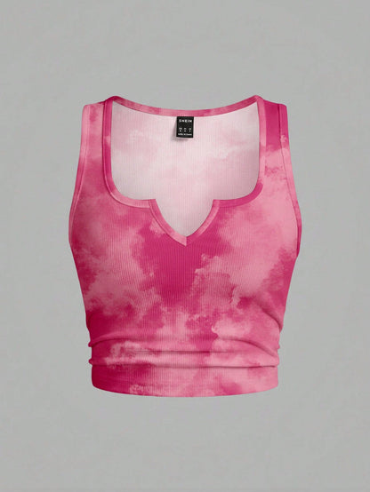 Slaydiva Plus Size Women's Tie-Dye Print Notch V-Neck Tank Top Casual Minimalist Suitable For Summer