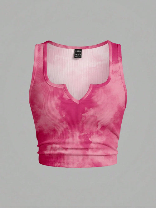 Slaydiva Plus Size Women's Tie-Dye Print Notch V-Neck Tank Top Casual Minimalist Suitable For Summer