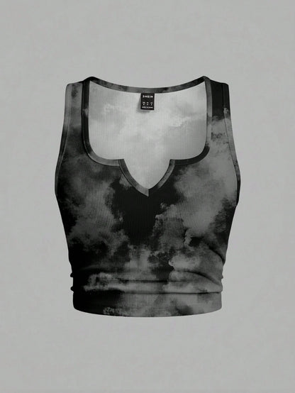 Slaydiva Plus Size Women's Tie-Dye Print Notch V-Neck Tank Top Casual Minimalist Suitable For Summer
