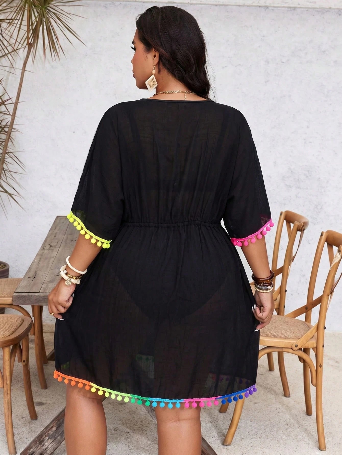 Slaydiva Plus Size Women's Vacation Pom Pom Trim Batwing Sleeve Cover-Up Dress Beach Vacation White Summer Boho