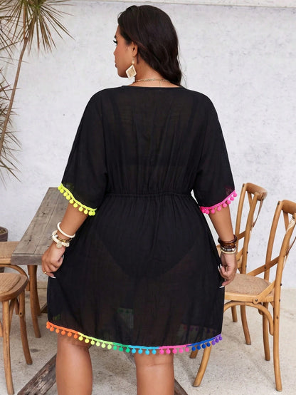 Slaydiva Plus Size Women's Vacation Pom Pom Trim Batwing Sleeve Cover-Up Dress Beach Vacation White Summer Boho