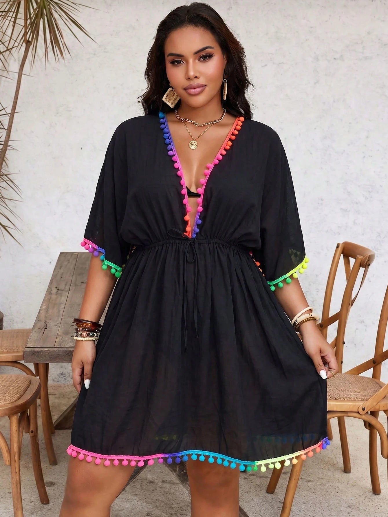Slaydiva Plus Size Women's Vacation Pom Pom Trim Batwing Sleeve Cover-Up Dress Beach Vacation White Summer Boho