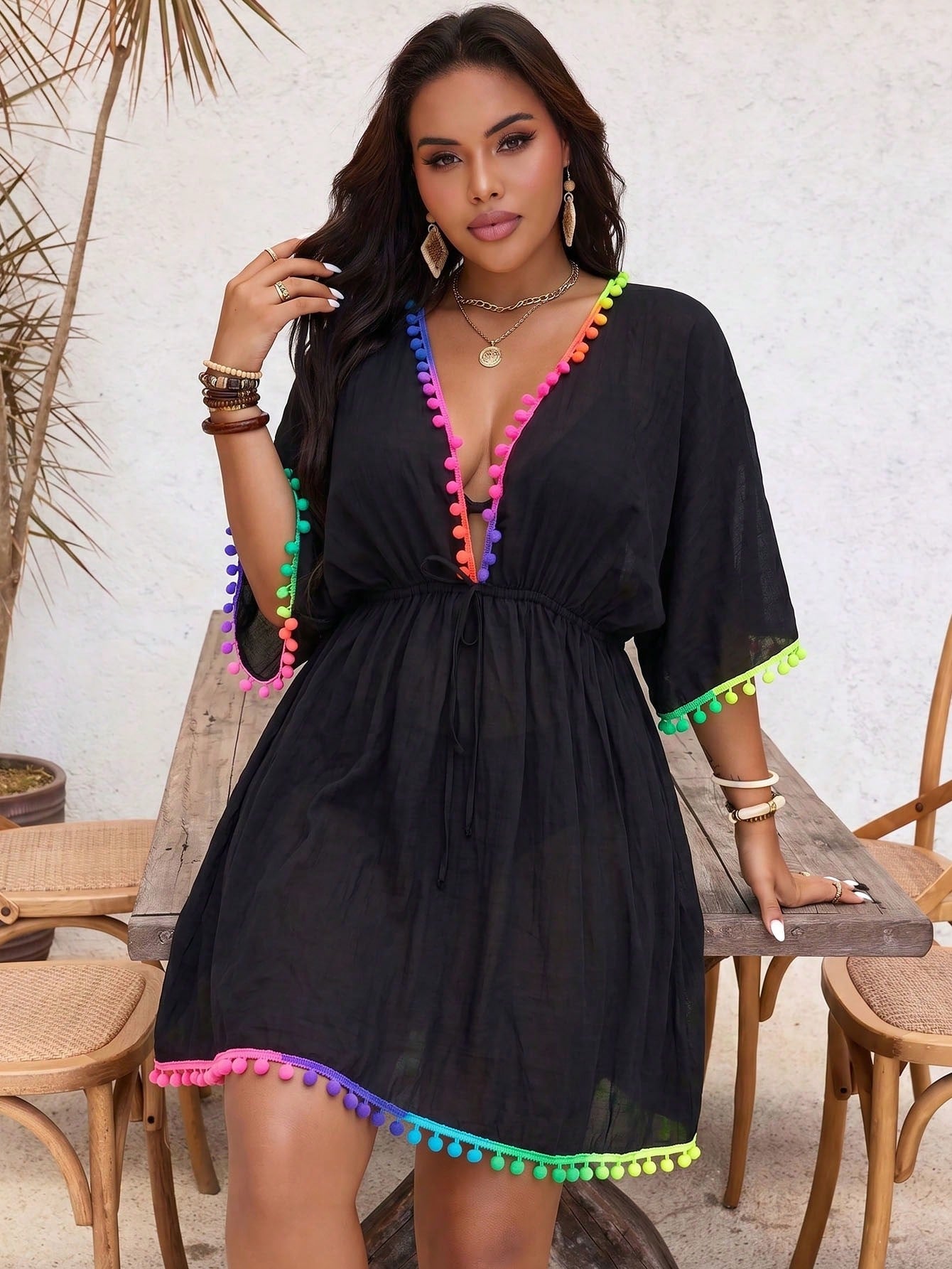 Slaydiva Plus Size Women's Vacation Pom Pom Trim Batwing Sleeve Cover-Up Dress Beach Vacation White Summer Boho