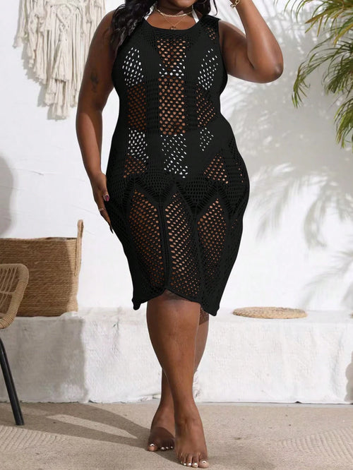 Slaydiva Plus Size Women Solid Color Hollow Out Casual Vacation Cover-Up Dress