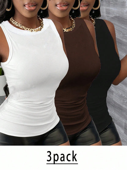 Slaydiva Plus Size Women Solid Color Ribbed Wide Hem Fitted Sports Tank Top, Suitable For Spring & Summer White Black Capri Women's Tank Tops