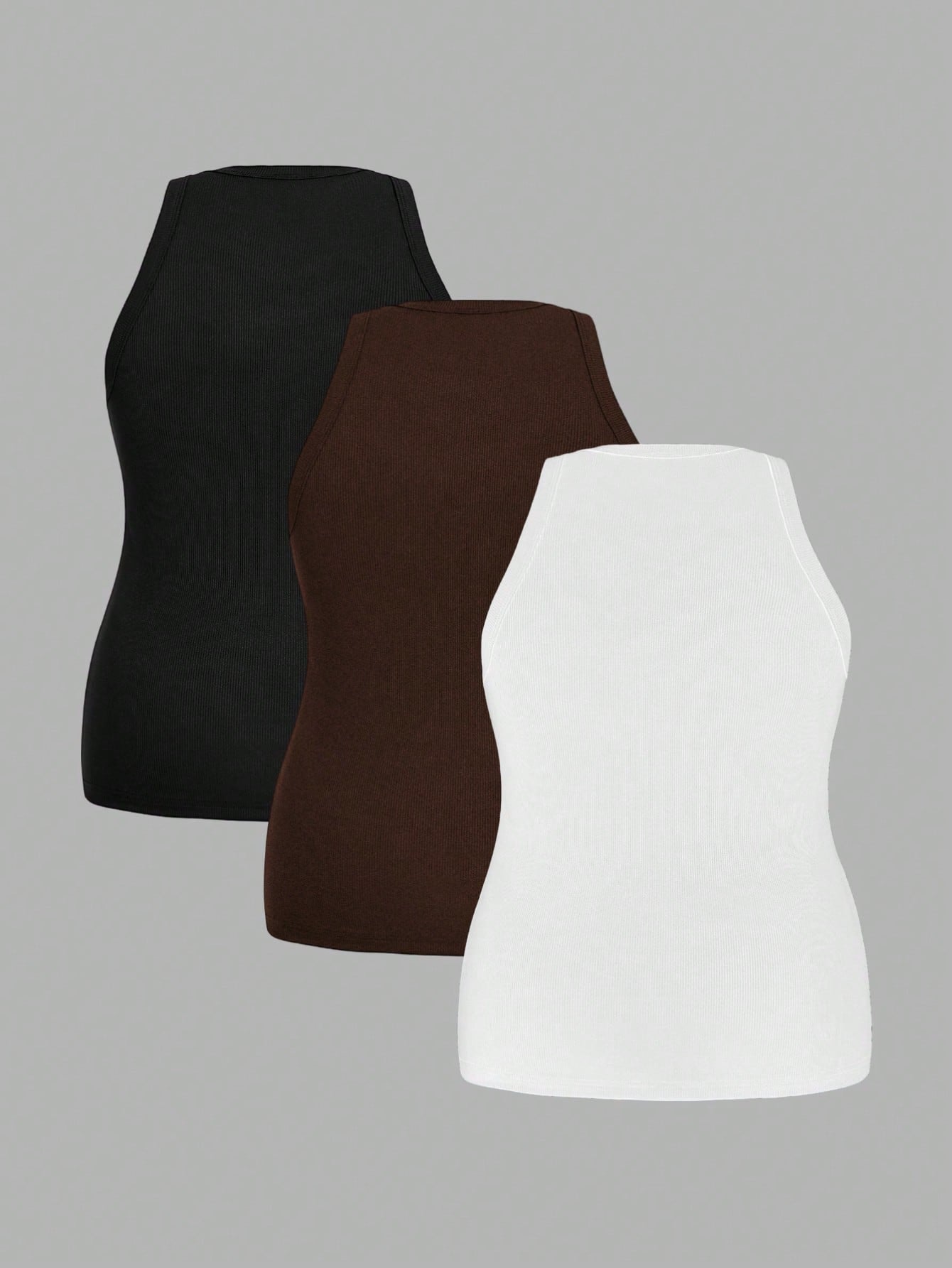Slaydiva Plus Size Women Solid Color Ribbed Wide Hem Fitted Sports Tank Top, Suitable For Spring & Summer White Black Capri Women's Tank Tops