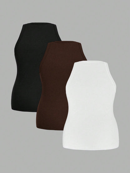Slaydiva Plus Size Women Solid Color Ribbed Wide Hem Fitted Sports Tank Top, Suitable For Spring & Summer White Black Capri Women's Tank Tops
