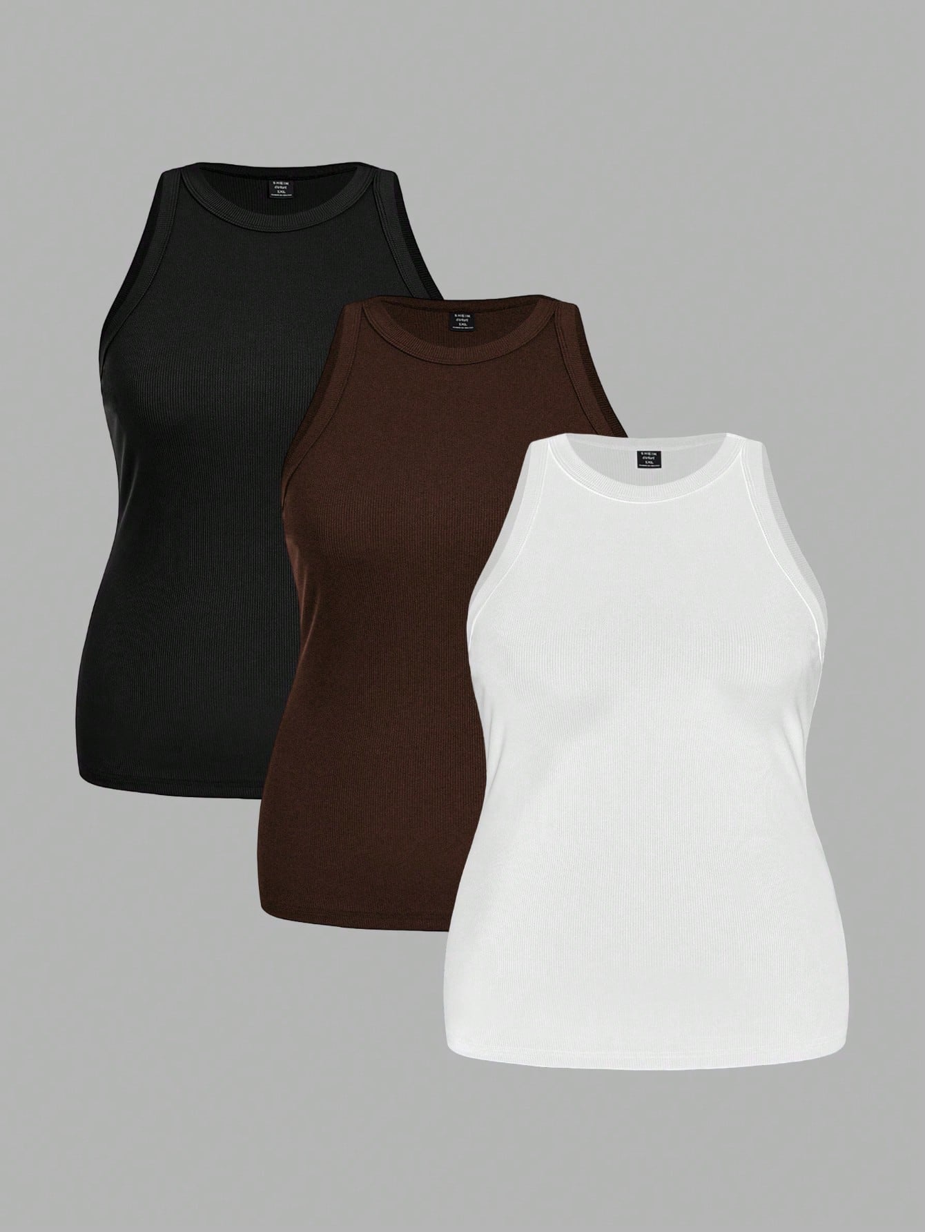 Slaydiva Plus Size Women Solid Color Ribbed Wide Hem Fitted Sports Tank Top, Suitable For Spring & Summer White Black Capri Women's Tank Tops