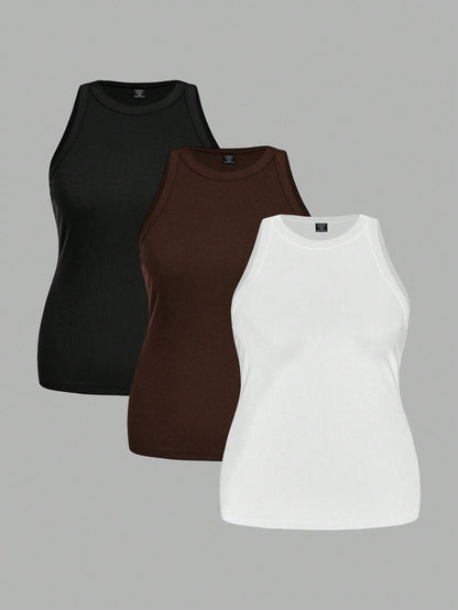 Slaydiva Plus Size Women Solid Color Ribbed Wide Hem Fitted Sports Tank Top, Suitable For Spring & Summer White Black Capri Women's Tank Tops