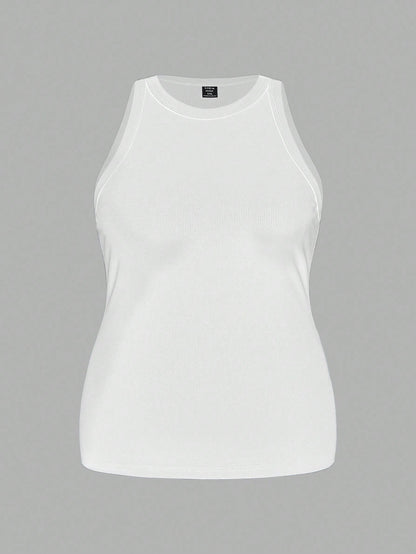 Slaydiva Plus Size Women Solid Color Ribbed Wide Hem Fitted Sports Tank Top, Suitable For Spring & Summer White Black Capri Women's Tank Tops