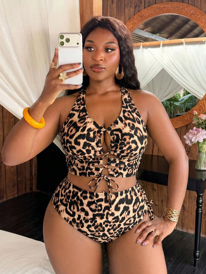 Slaydiva Plus Size Women Summer Beach Leopard Print Halter Tankini & Triangle Tankini Bottom Two-Piece Swimsuit Set