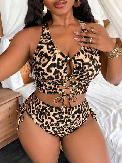 Slaydiva Plus Size Women Summer Beach Leopard Print Halter Tankini & Triangle Tankini Bottom Two-Piece Swimsuit Set
