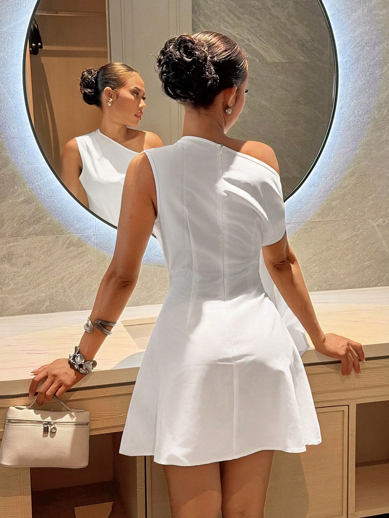 Slaydiva Sexy White Summer Holiday Vacation One-Shoulder Tie-Waist A-Line Mini Dress For Women, Wedding Guest Going Out, Beach, Boho-B Yacht Brunch Wear