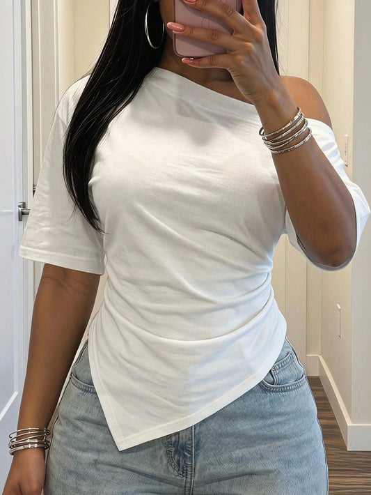 Slaydiva Spring Summer Vacation Beach Night Out Elegant Basic Romantic Sexy Party Date Birthday Casual Versatile Asymmetrical Shoulder Pleated White T-Shirt