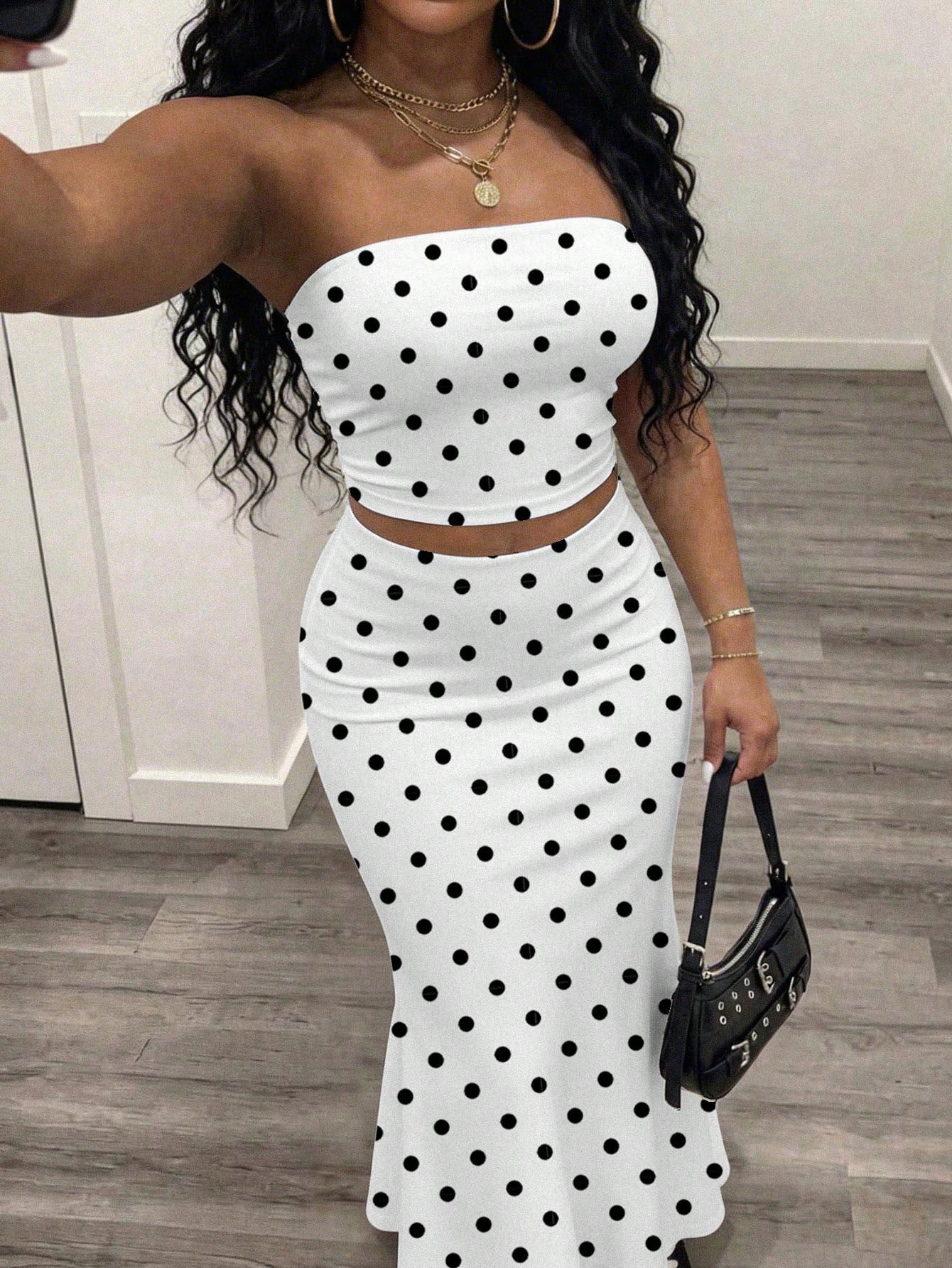 Slaydiva White And Black Polka Dot Tube Top Skirts Set, Summer Vacation Seductive Bohemian Style 70s Elegant Resort Wear, Y2K Streetwear Night Club Party Out