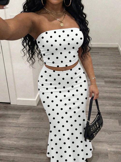 Slaydiva White And Black Polka Dot Tube Top Skirts Set, Summer Vacation Seductive Bohemian Style 70s Elegant Resort Wear, Y2K Streetwear Night Club Party Out