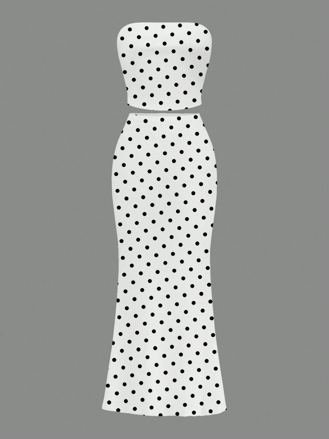 Slaydiva White And Black Polka Dot Tube Top Skirts Set, Summer Vacation Seductive Bohemian Style 70s Elegant Resort Wear, Y2K Streetwear Night Club Party Out