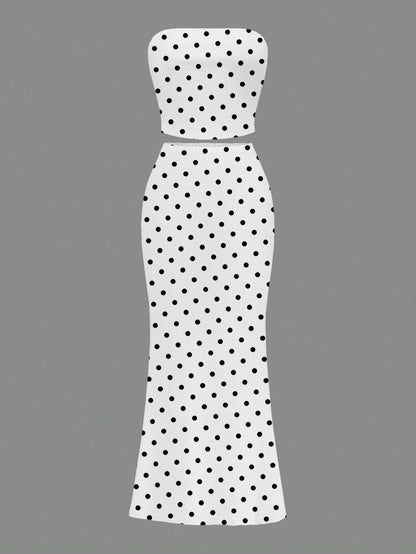 Slaydiva White And Black Polka Dot Tube Top Skirts Set, Summer Vacation Seductive Bohemian Style 70s Elegant Resort Wear, Y2K Streetwear Night Club Party Out