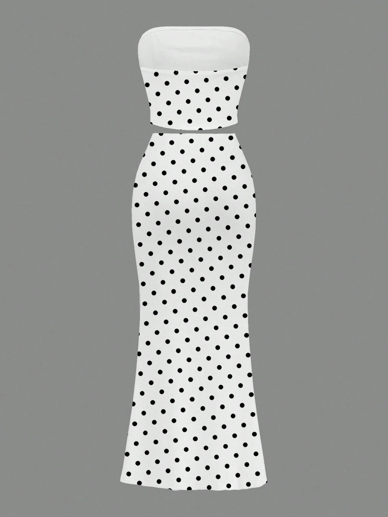 Slaydiva White And Black Polka Dot Tube Top Skirts Set, Summer Vacation Seductive Bohemian Style 70s Elegant Resort Wear, Y2K Streetwear Night Club Party Out