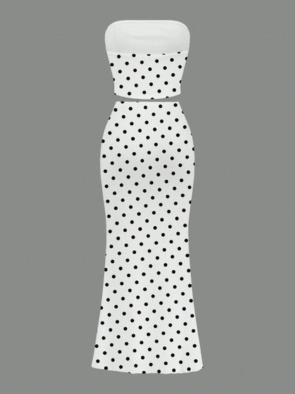 Slaydiva White And Black Polka Dot Tube Top Skirts Set, Summer Vacation Seductive Bohemian Style 70s Elegant Resort Wear, Y2K Streetwear Night Club Party Out