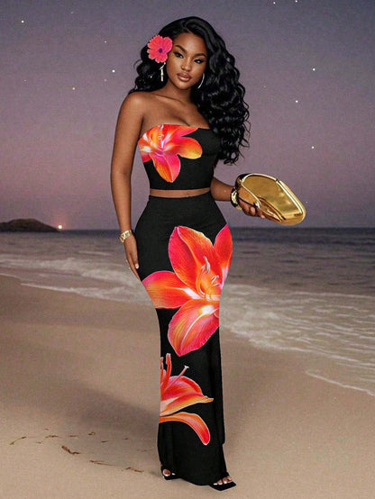 Slaydiva White And Black Polka Dot Tube Top Skirts Set, Summer Vacation Seductive Bohemian Style 70s Elegant Resort Wear, Y2K Streetwear Night Club Party Out