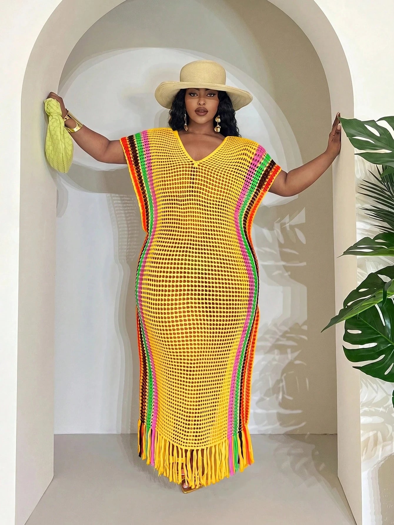 Slaydiva Women's Butter Yellow Summer Boho Vacation Holiday Lightweight Knit Crochet Beach Cover Up,Plus Size Western Wear Festival Rave Tropical Outfit